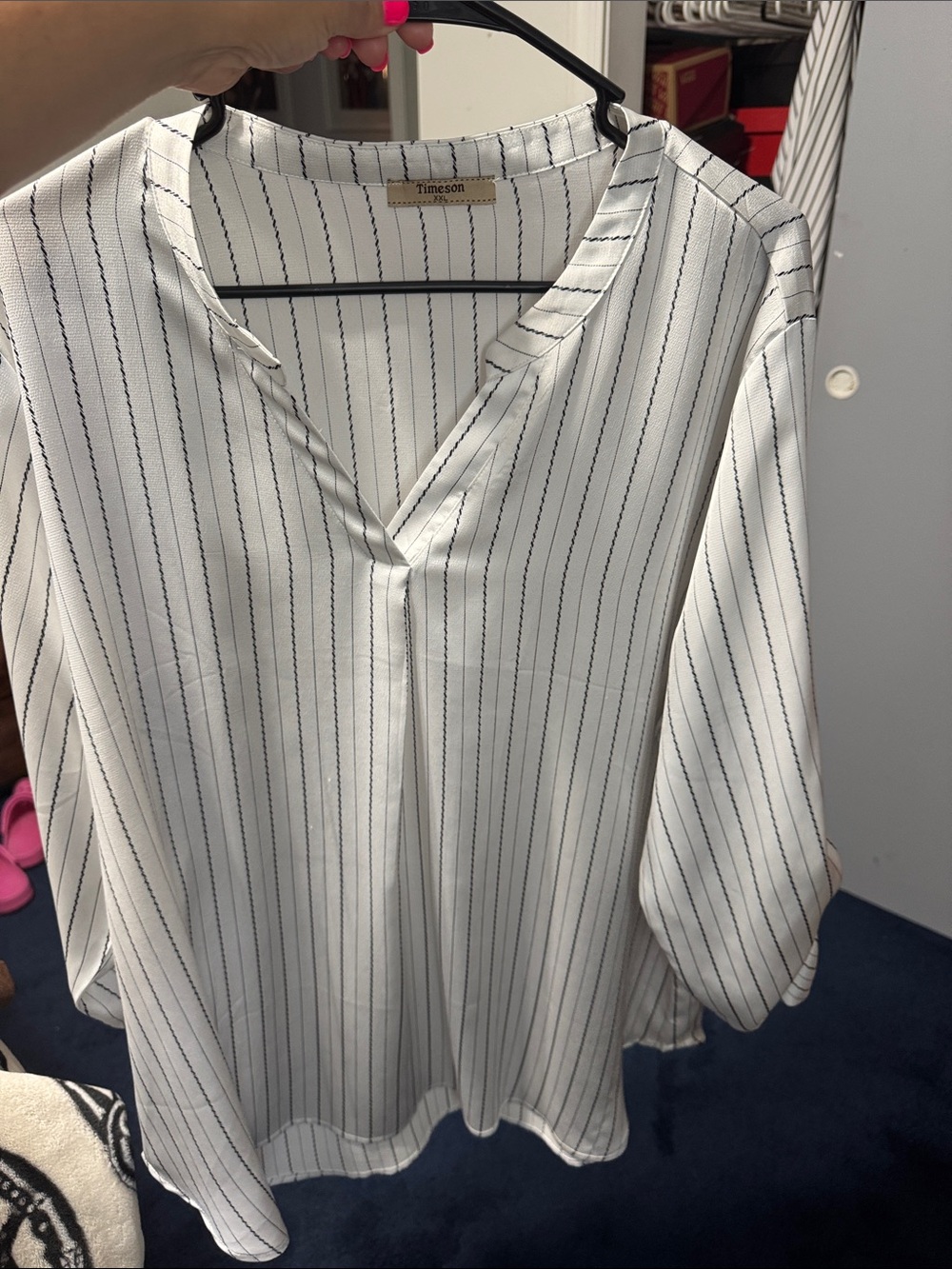 Timeson White Pinstripe V-Neck Blouse